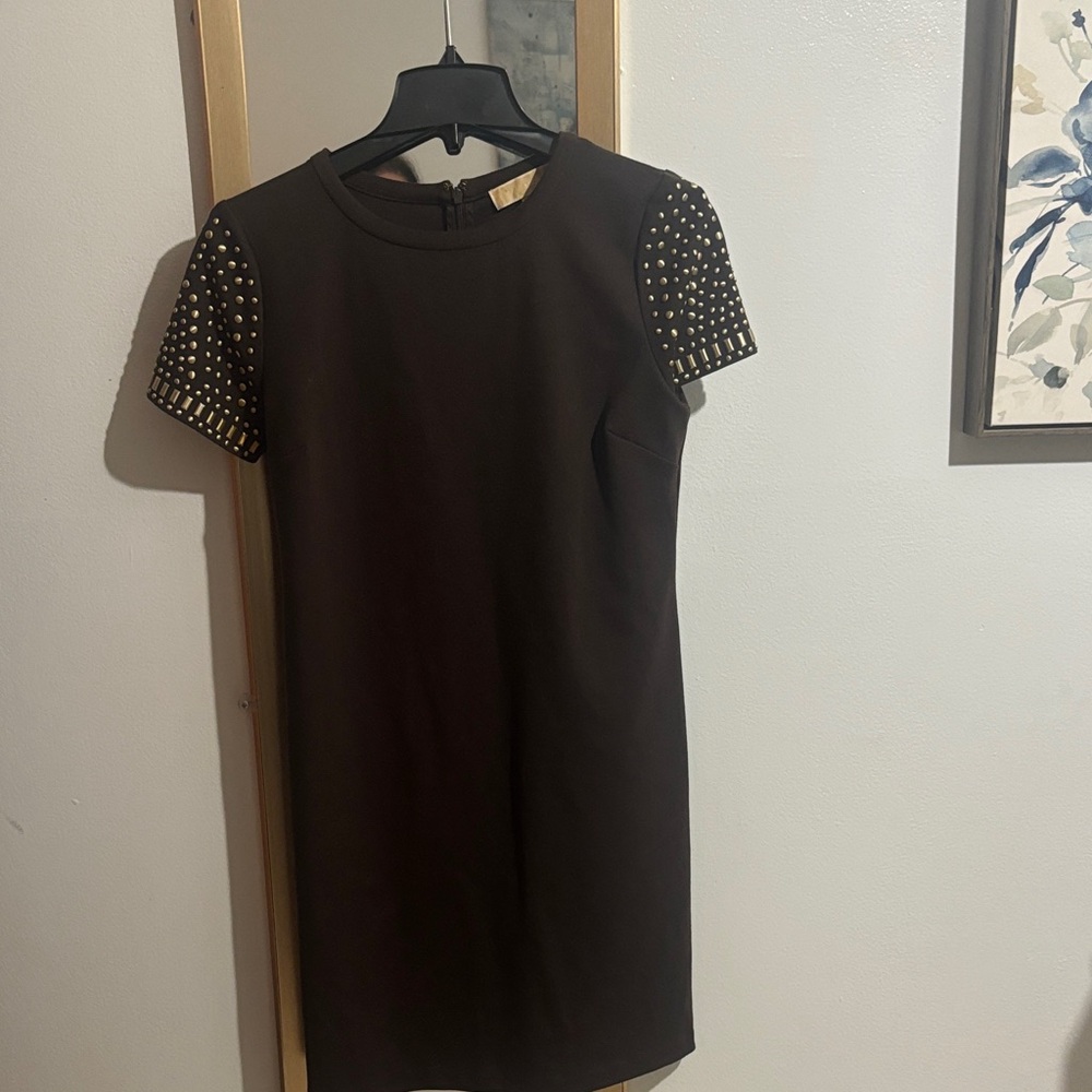 Michael Kors Brown Shift Dress with Stud-Embellished Sleeves